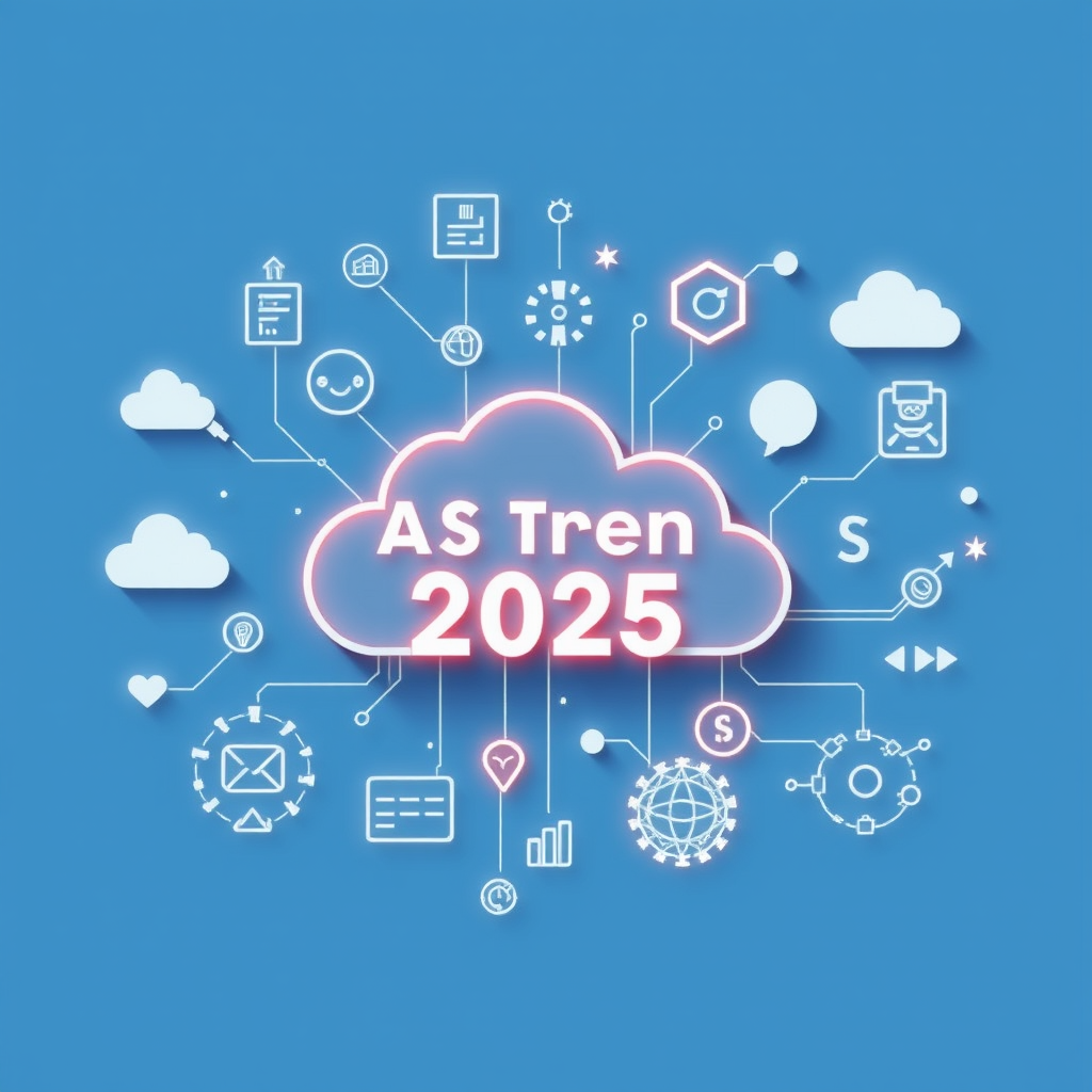 Futuristlik digitaalne illustratsioon SaaS trendidest 2025, kujutades pilvetarkvara ikoonid, tehisintellekti sümbolid ja automatiseerimise graafikud sinisel taustal