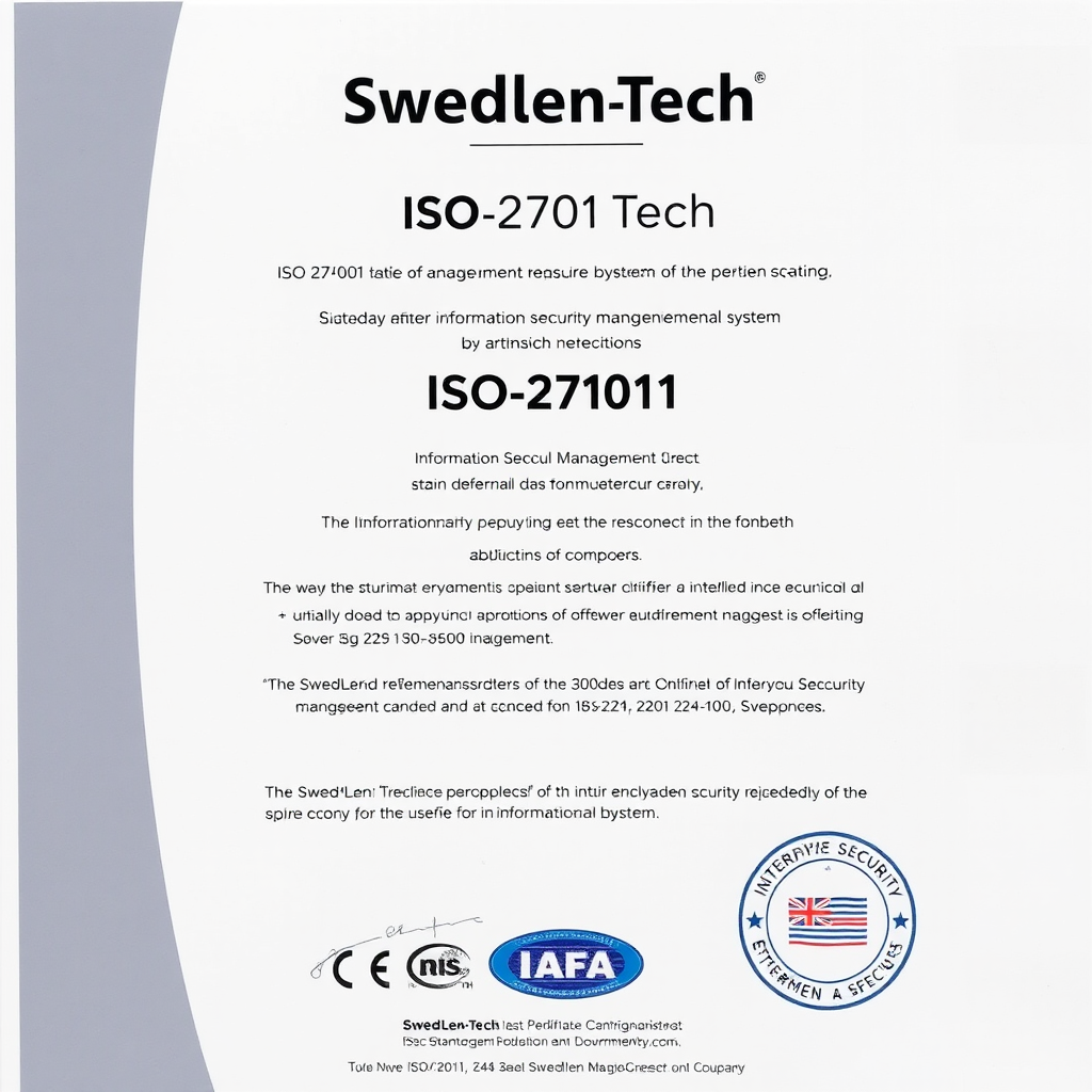 SwedLen-Tech ISO 27001 sertifikaat dokument koos ettevõtte logoga ja ametliku templiga, mis kinnitab infojulgeoleku juhtimissüsteemi vastavust rahvusvahelistele standarditele