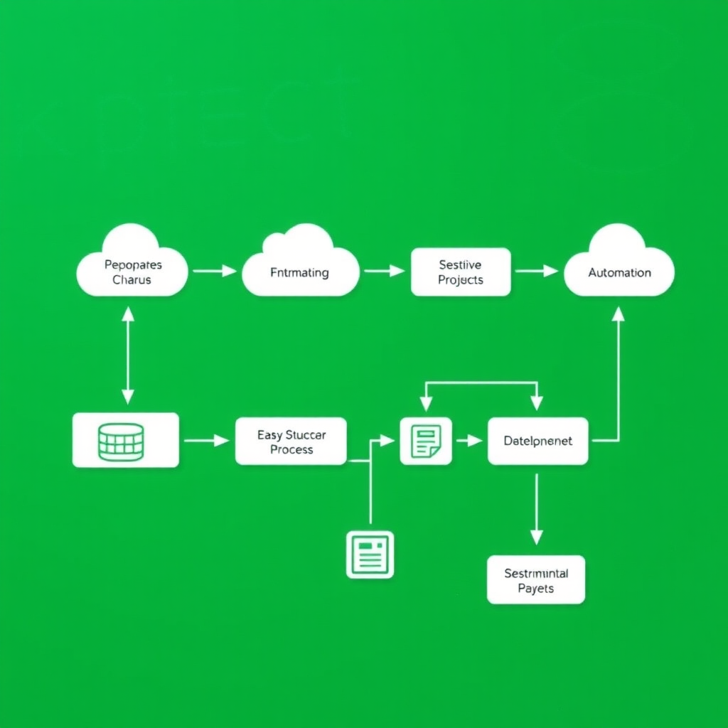 Automatiseeritud äriprotsesside diagramm, näidates andmevoogu erinevate süsteemide vahel rohelisel taustal