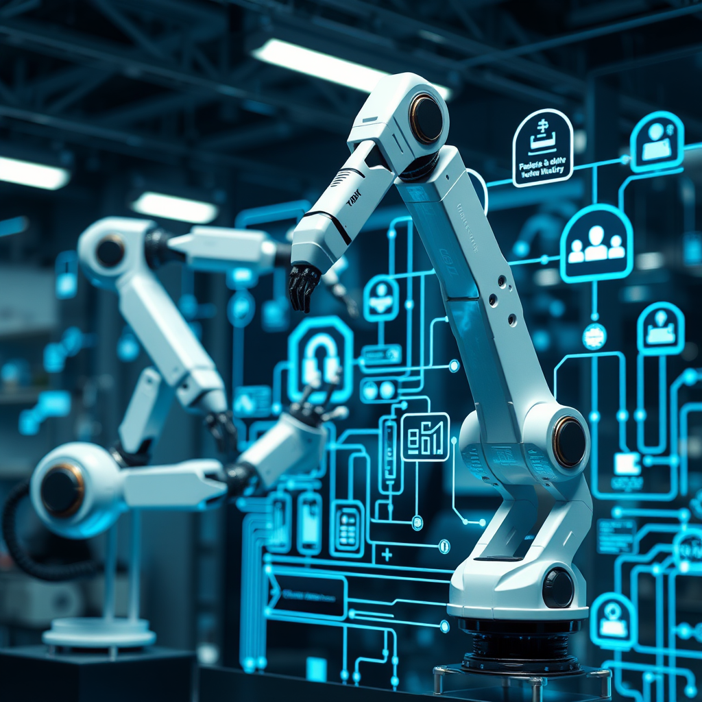 Äriprotsesside automatiseerimine - robotilised käed ja digitaalsed töövood, mis kujutavad nutikaid automatiseerimislahendusi ettevõtte tootlikkuse suurendamiseks